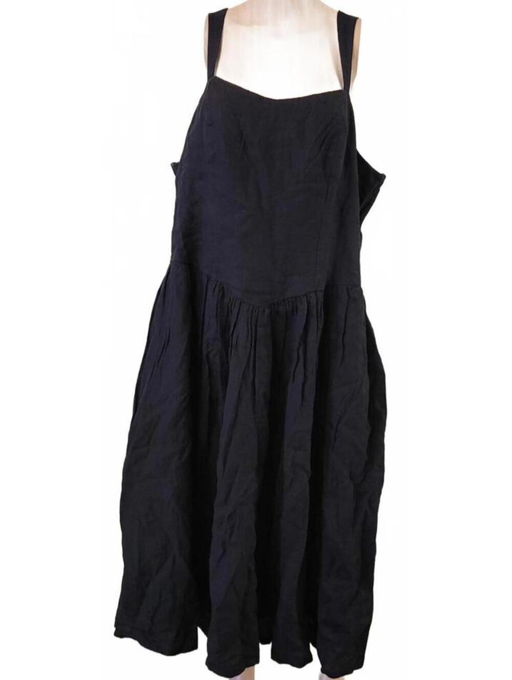 The DROP Balu Feminine Black Smocked Linen Cotton Midi Women Dress Plus Size 3X